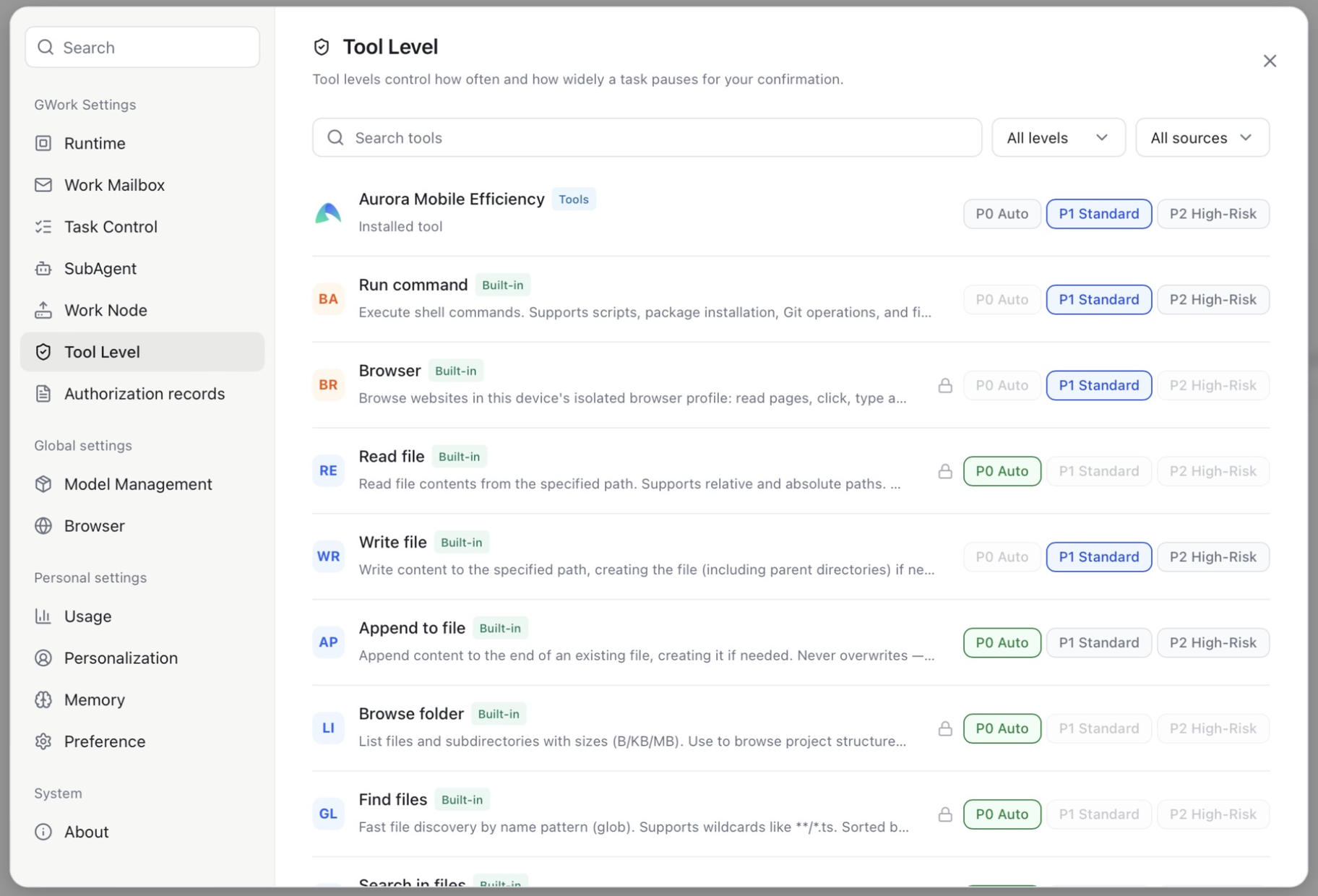Tool Level page