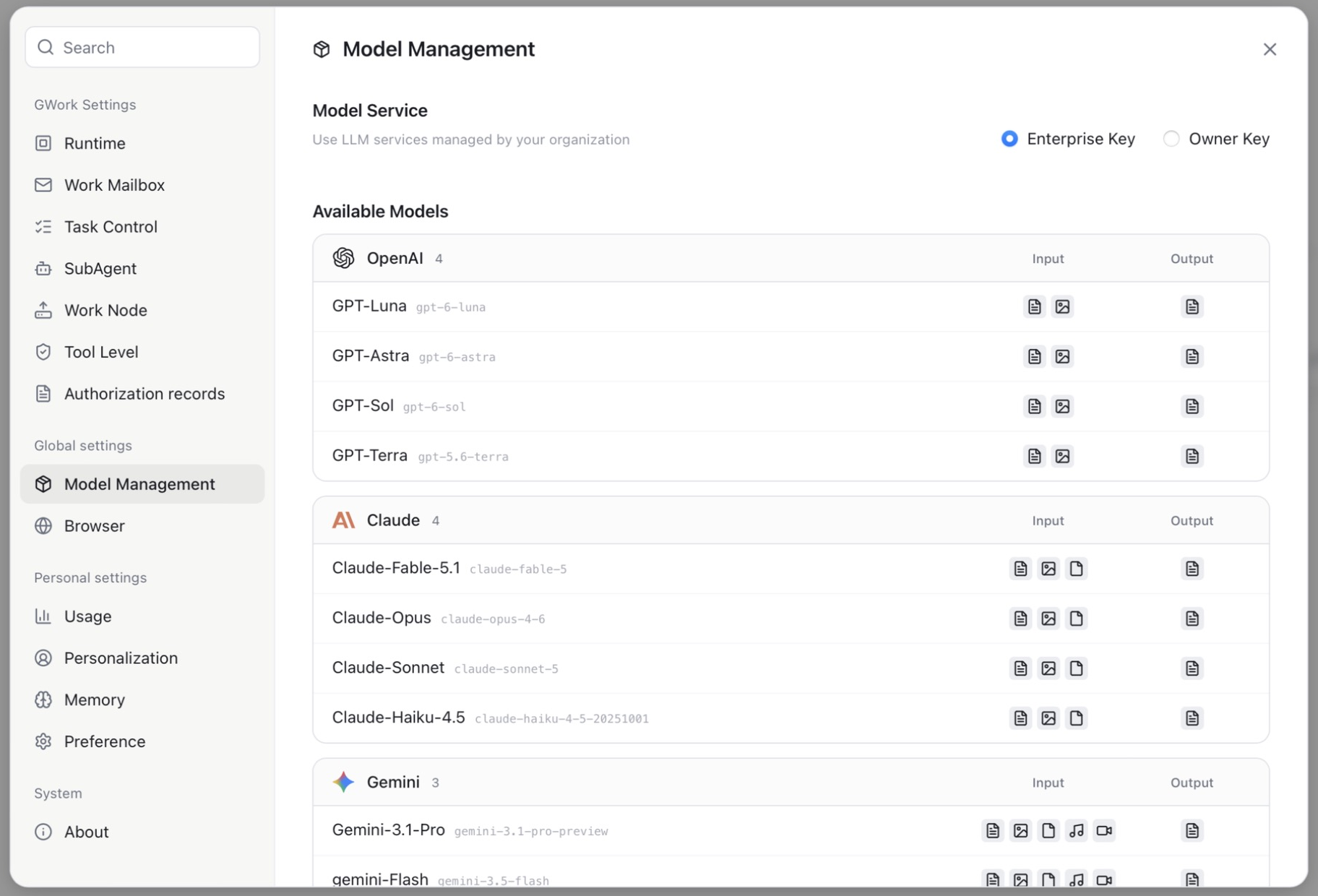 Página Model Management (Enterprise Key)